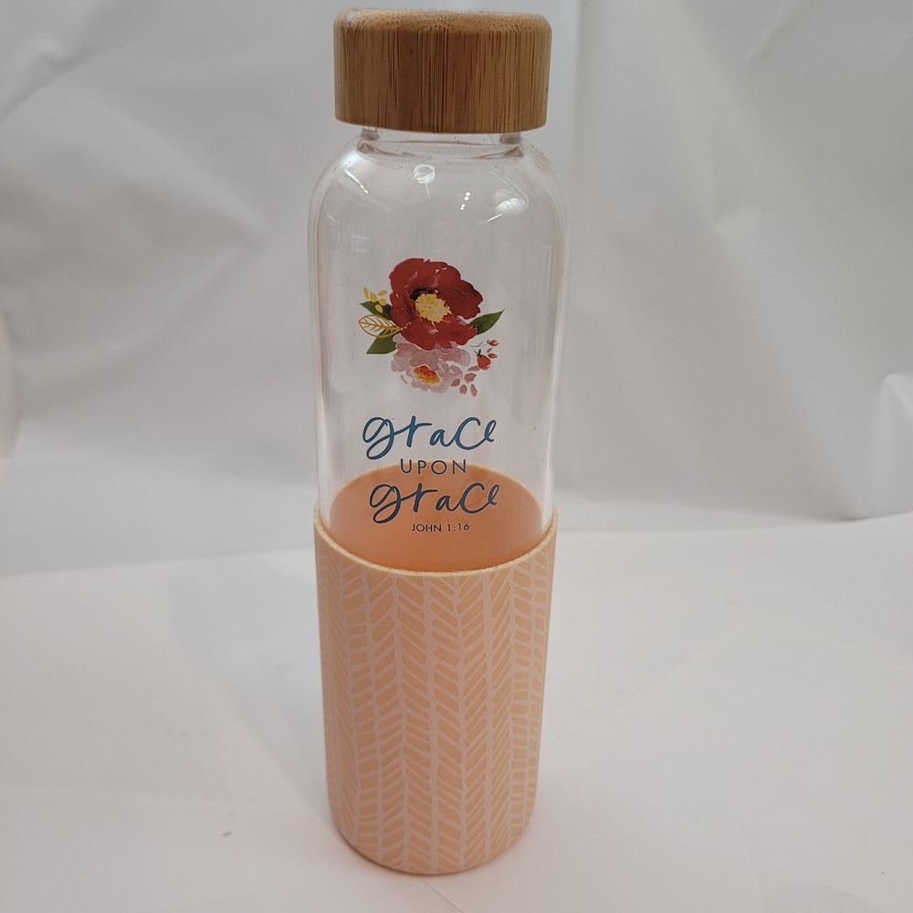 Mary‎ & Martha Glass Water Bottle J6997 Grace Upon Grace John 1:16 Peach Bamboo